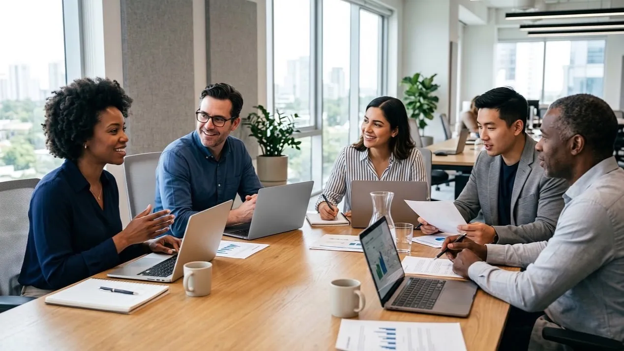 A business team sits around a table with laptops and charts, planning how payments will flow.