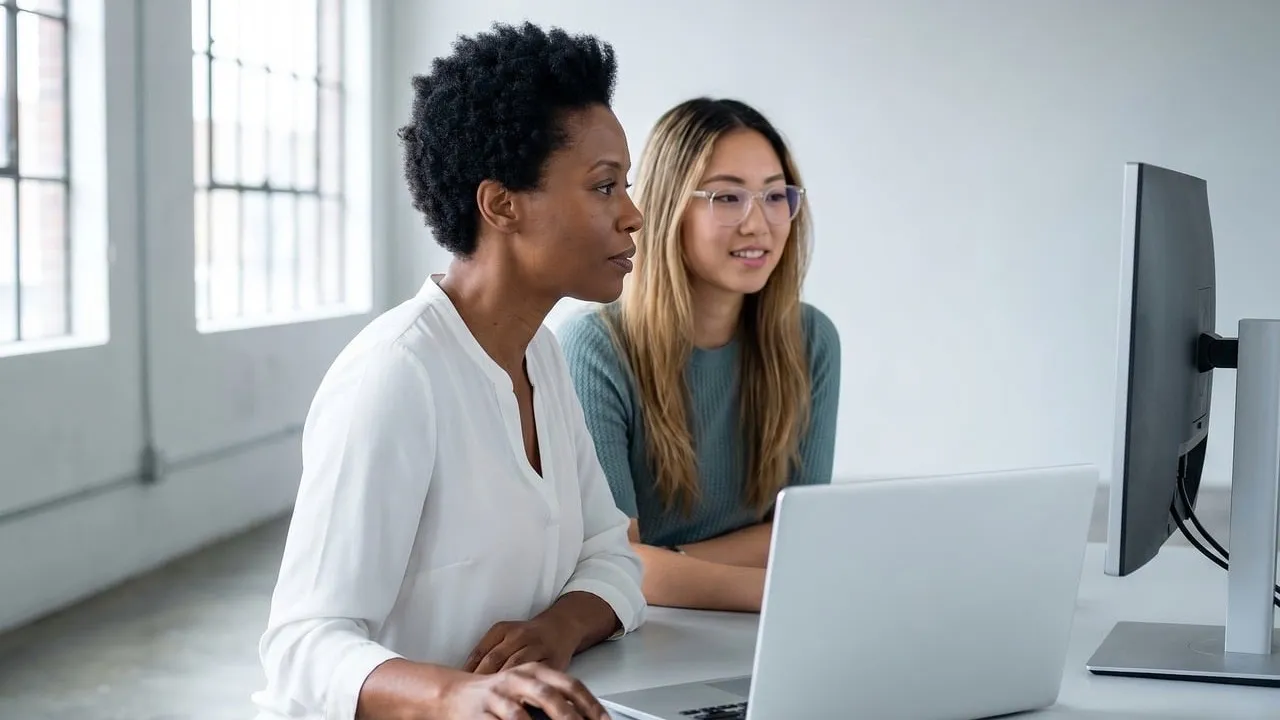 Two women sit at a desk and look closely at a laptop together, the kind of careful review to do before you hire.