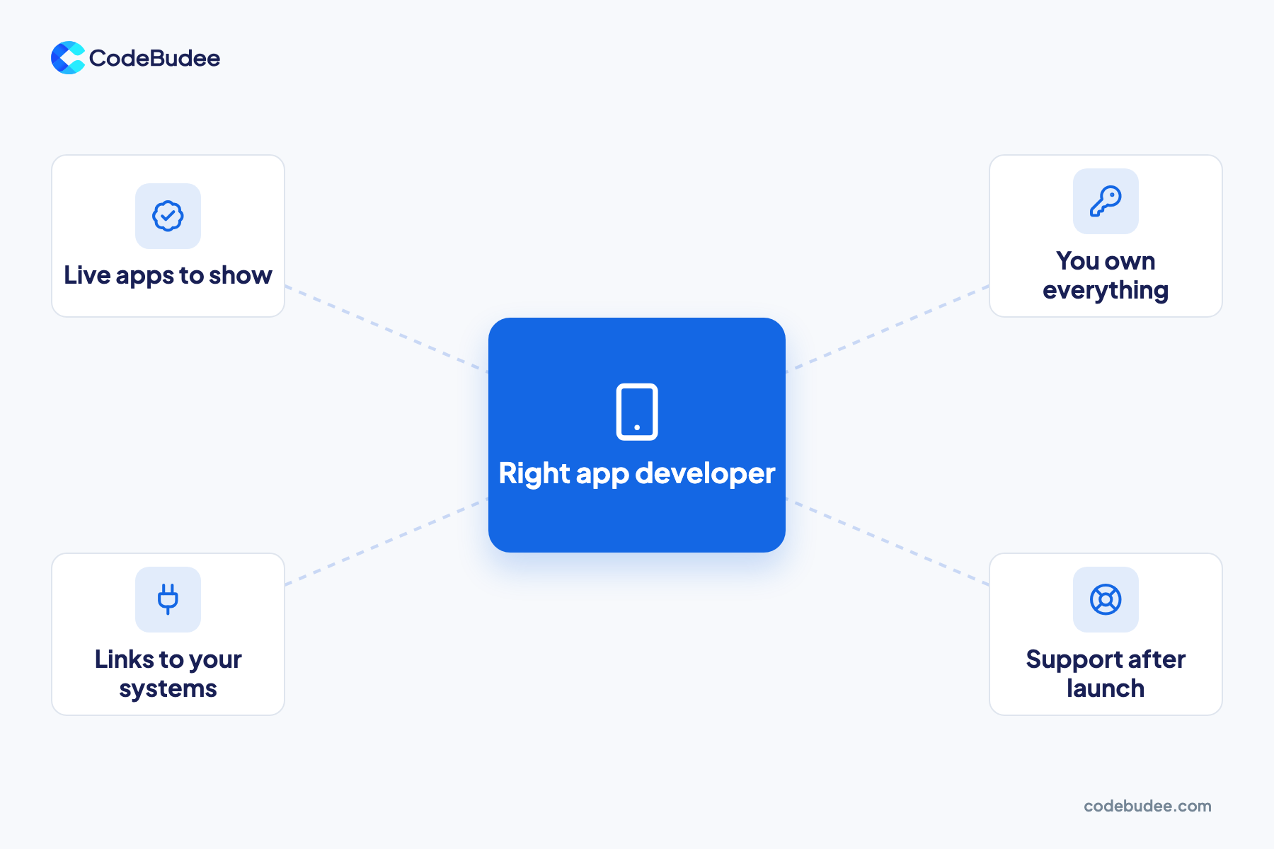 A hub slide with the right app developer in the centre, linked to live apps, full ownership, system links and support after launch.