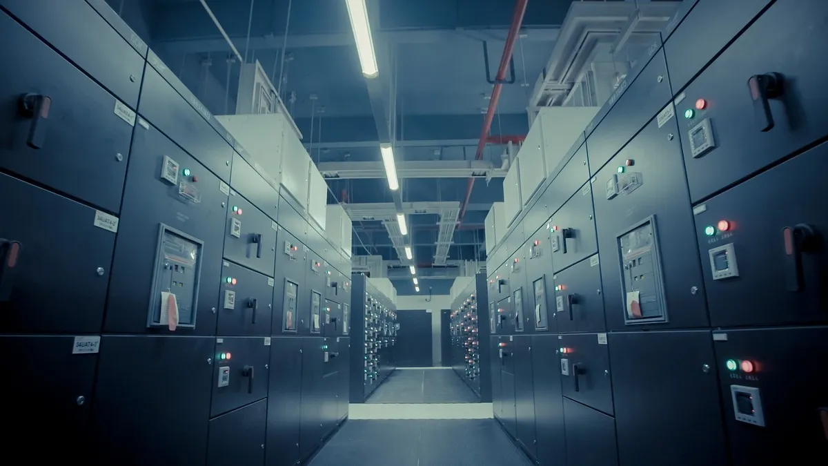 Rows of locked control cabinets with status lights, a picture of tight control over the systems an AI agent can reach.