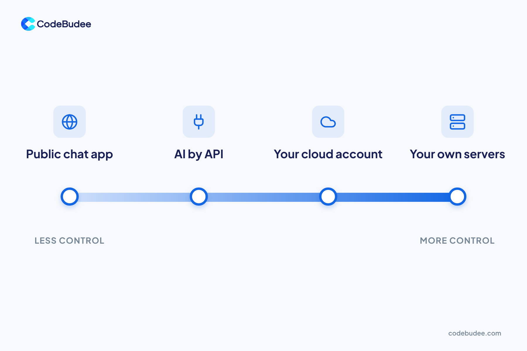 A scale from less control to more control: public chat app, AI by API, your cloud account, your own servers.