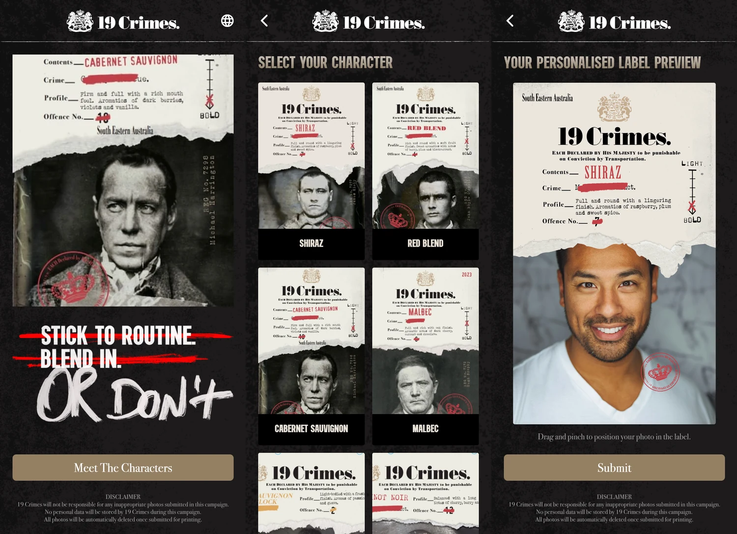19 Crimes wine label app screens