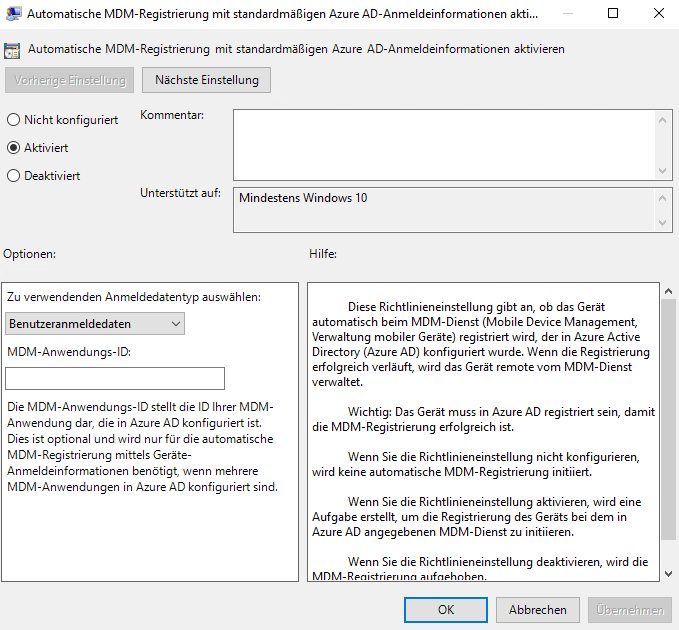 Screenshot zeigt das Navigieren zu den MDM-Einstellungen in der GPO-Bearbeitung und das Aktivieren der automatischen Registrierung.