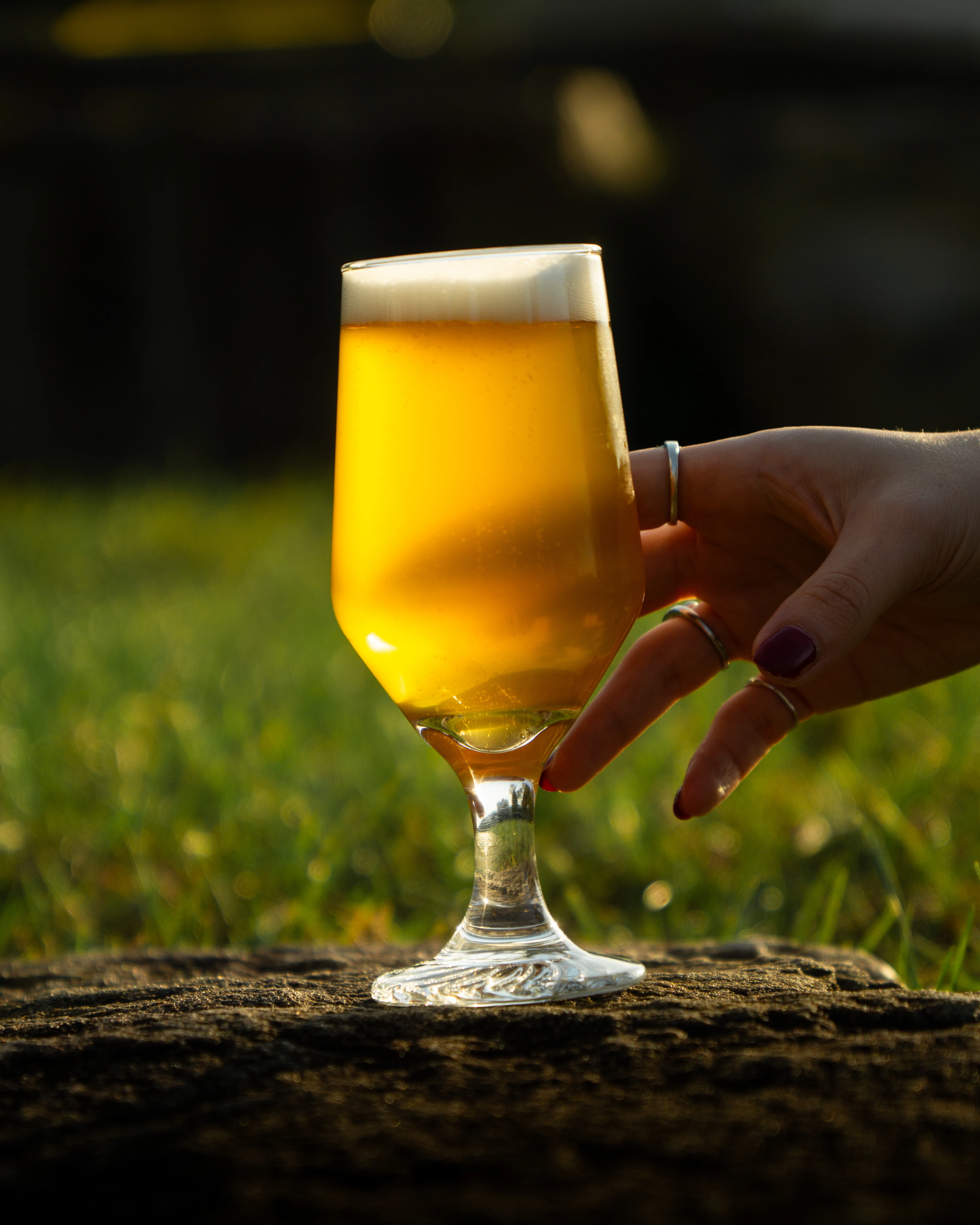 Hand with rings holding a glass of light beer with foam on top outdoors on a sunny day.