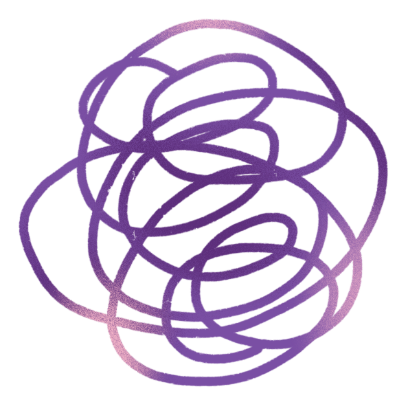 Abstract tangled scribble lines in purple and pink gradient on a transparent background.