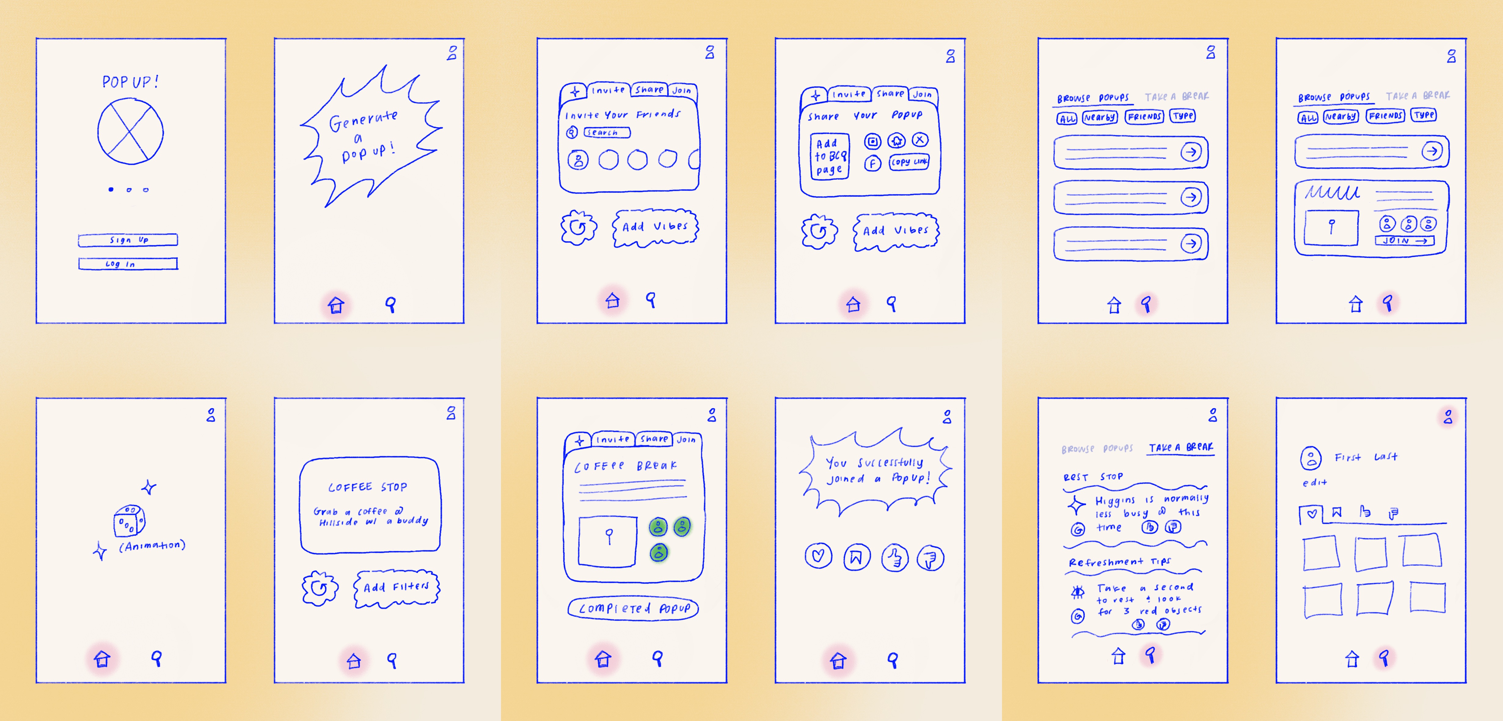 Twelve hand-drawn mobile app sketches for popup generation, inviting friends, sharing popups, browsing events, coffee stop details, success confirmation, and user profile.