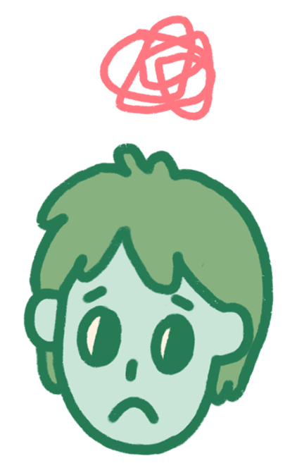 Illustration of a sad boy with a red scribble above his head symbolizing stress.
