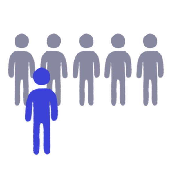 Six human figure icons with one blue figure standing in front and five gray figures behind.