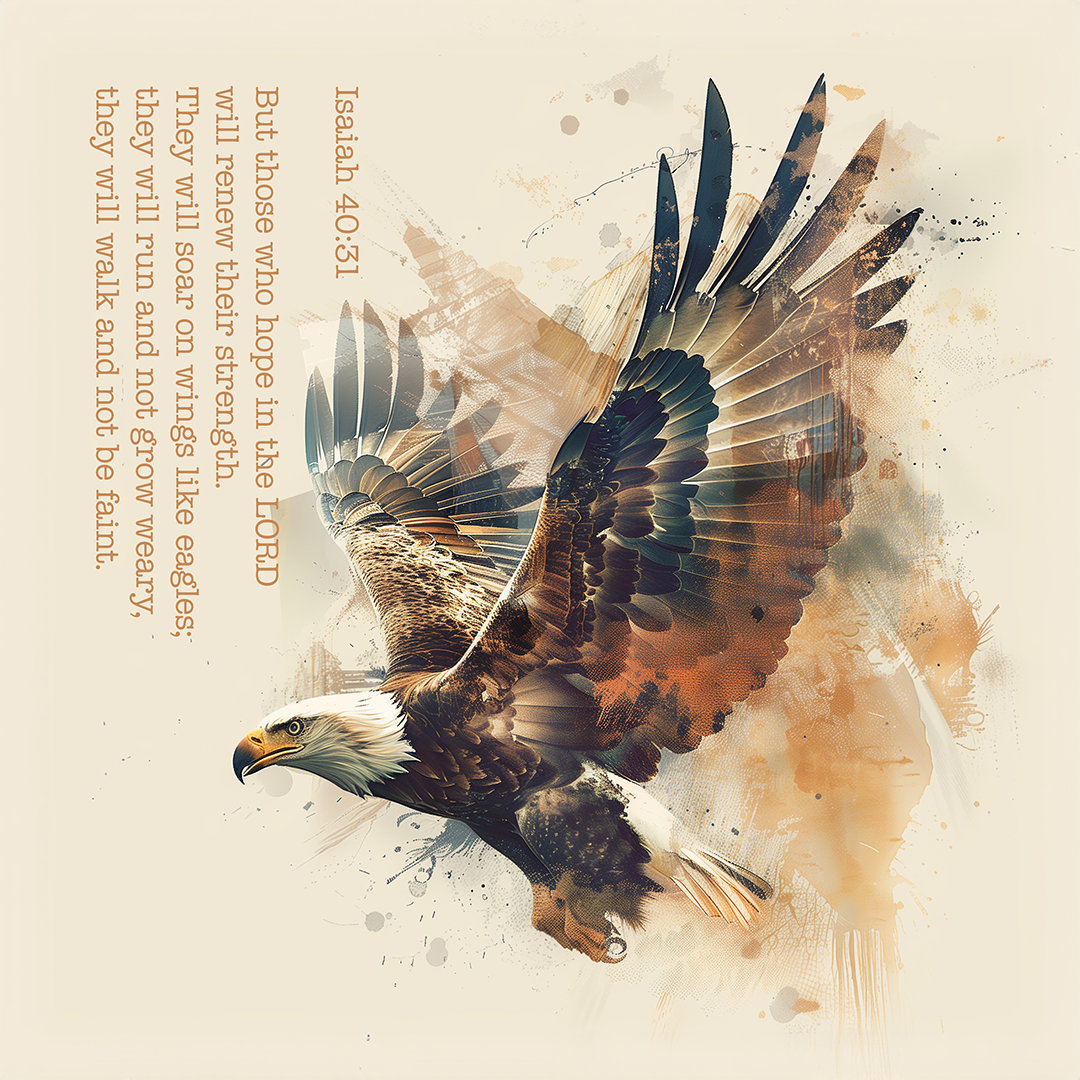 Isaiah 40:31 — Eagle in flight with a quotation from Isaiah 40:31. Ewald Krijnen.