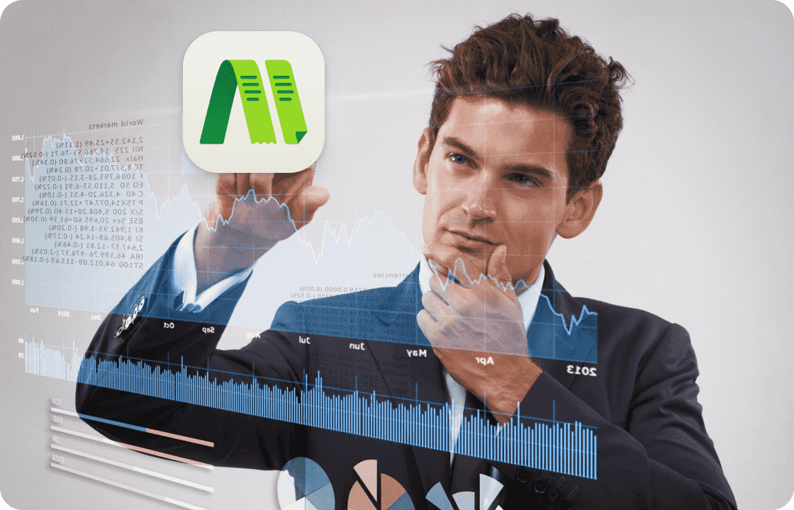 A man in a suit interacts with holographic financial charts and the ccMonet app icon. He represents our financial experts, using AI - powered tools to analyze data, ensure financial accuracy, and offer tailored solutions for SMEs, backed by tax compliance and business support services.