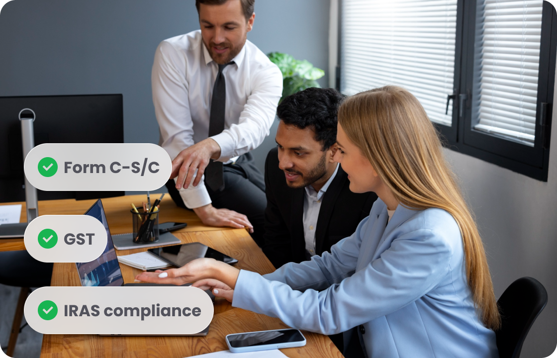 Three professionals collaborate at a desk, with tags like “Form C - s/C,” “GST,” and “IRAS compliance.” They represent ccMonet’s tax and compliance experts, leveraging AI tools to ensure SMEs meet regulatory requirements, manage financial data accurately, and streamline tax - related workflows.