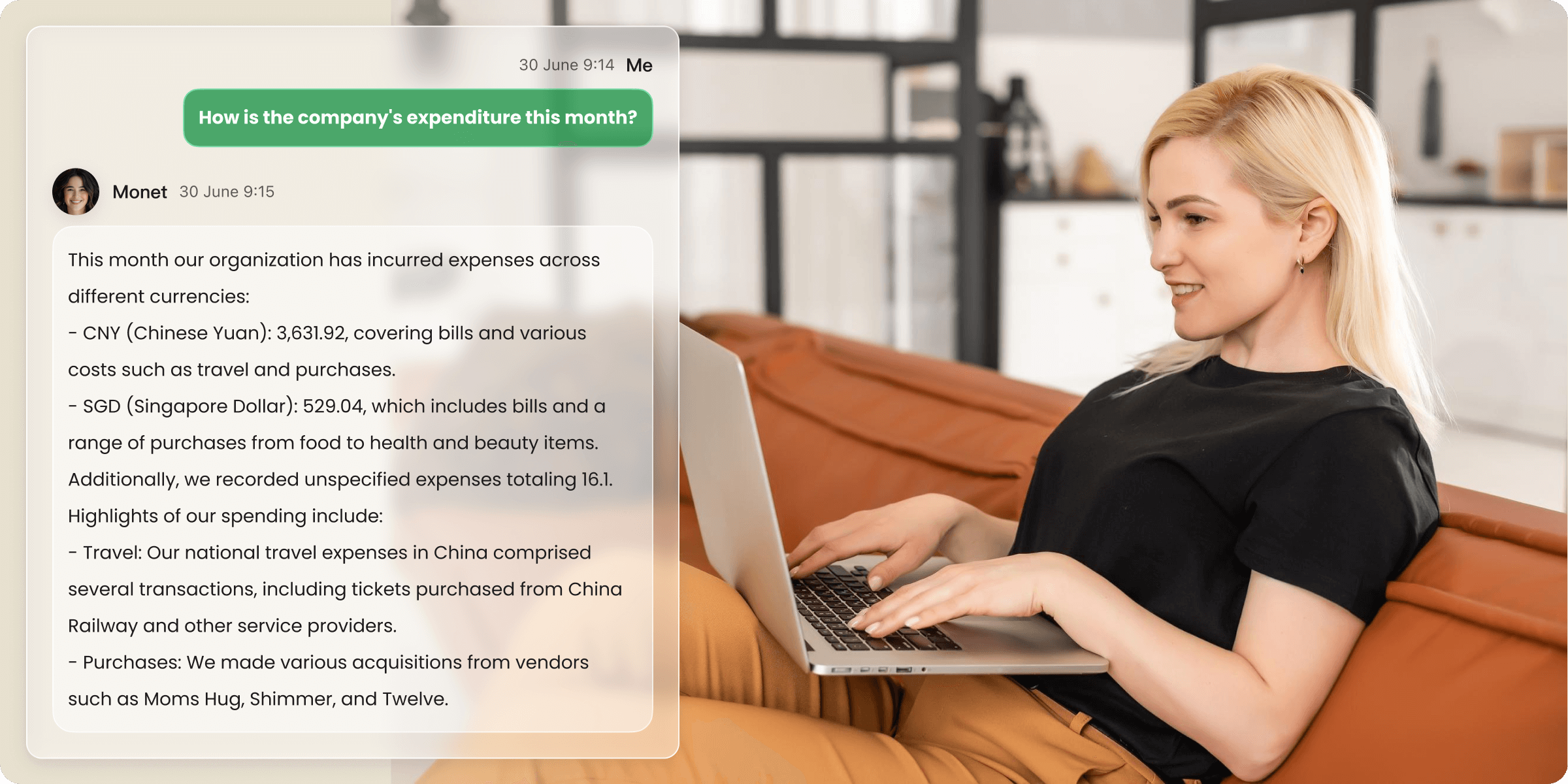A woman works on a laptop, with a chat showing her getting detailed monthly expenditure insights via ccMonet. It represents how SMEs use our AI - powered tools (real - time Q&A, dashboards) and expert services to track finances easily, even remotely.