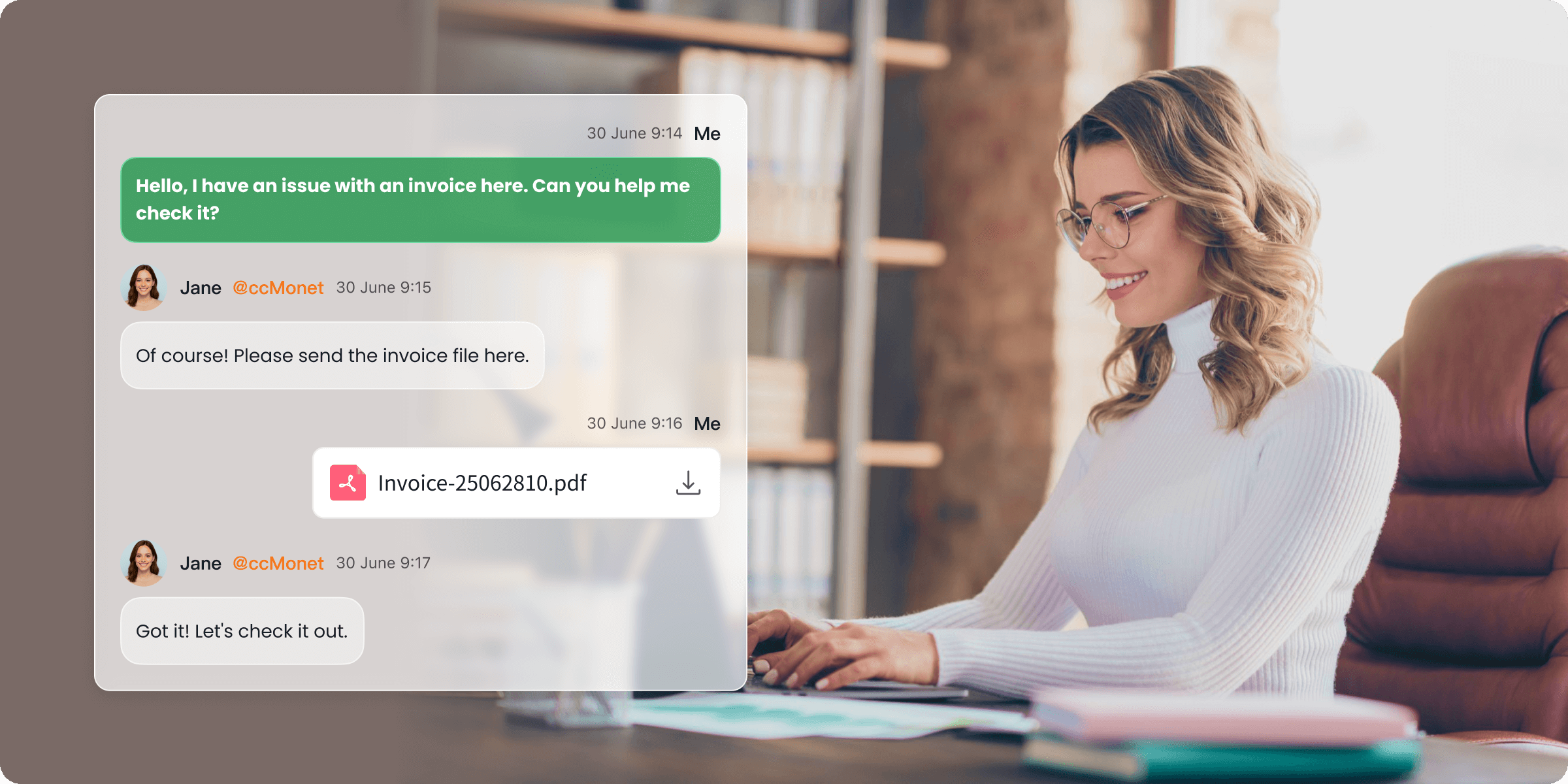 A woman works at a desk, with a chat showing her getting ccMonet’s expert help for an invoice issue. It represents how SMEs in various industries use our AI - powered finance tools and expert services (tax, business support) to solve financial problems easily.