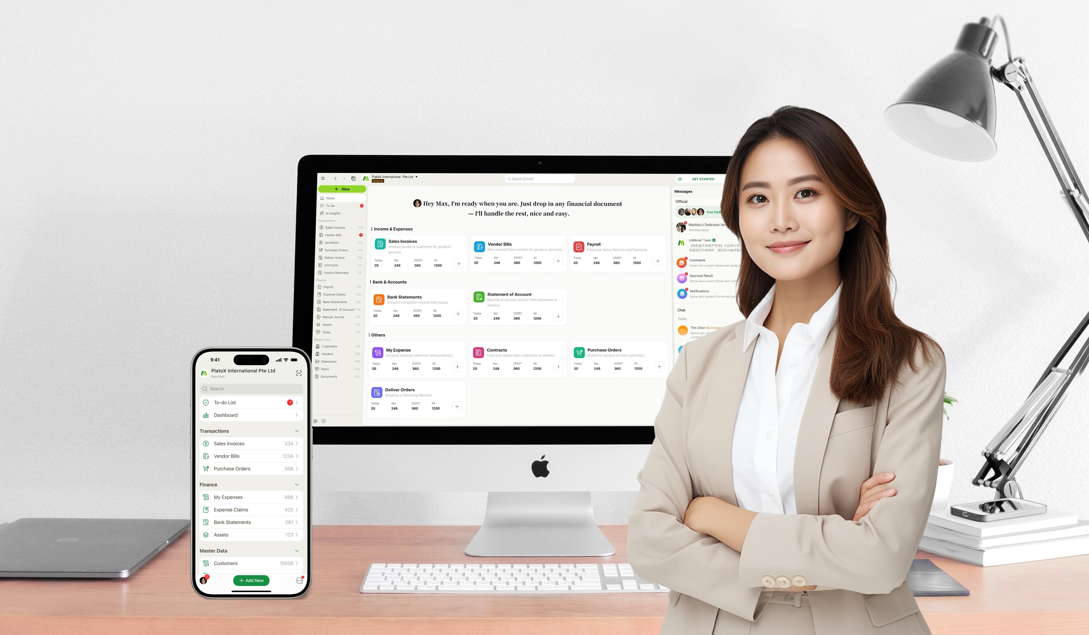 A woman in a business suit stands by a desk with a computer and phone showing ccMonet’s platform. It displays AI - powered financial tools (bookkeeping, dashboards) for managing tasks like invoices. Backed by experts (tax compliance, business setup), it supports SMEs’ efficient financial workflows.