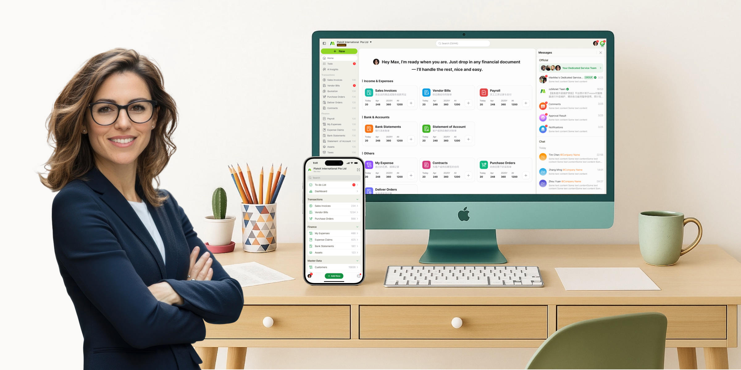 A woman in a suit stands by a desk with a computer and phone showing ccMonet’s platform. It displays AI - powered financial tools (bookkeeping, dashboards) for managing docs like invoices. Backed by experts (tax compliance, business setup), it supports SMEs’ efficient financial workflows....