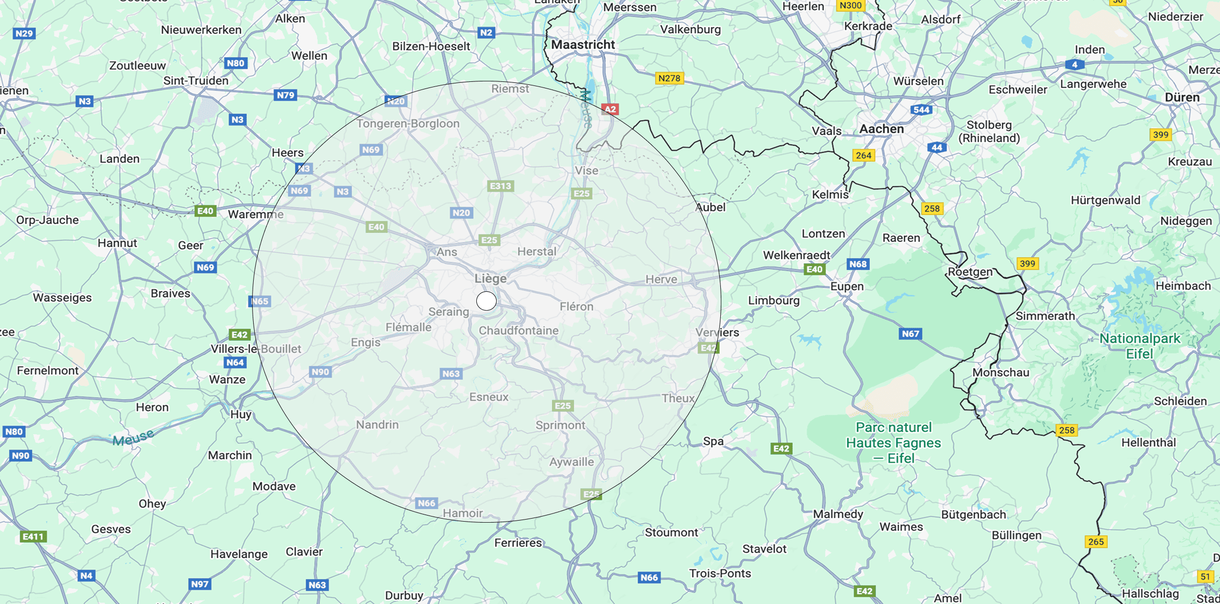 Illustration de la zone de travail de SRL Maxime Lejeune, 30km autour de Verviers en Province de Liège.