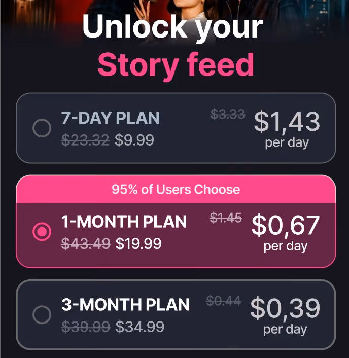 lb: Web paywall example with 7-day, 1-month, and 3-month subscription pricing, shown before app install