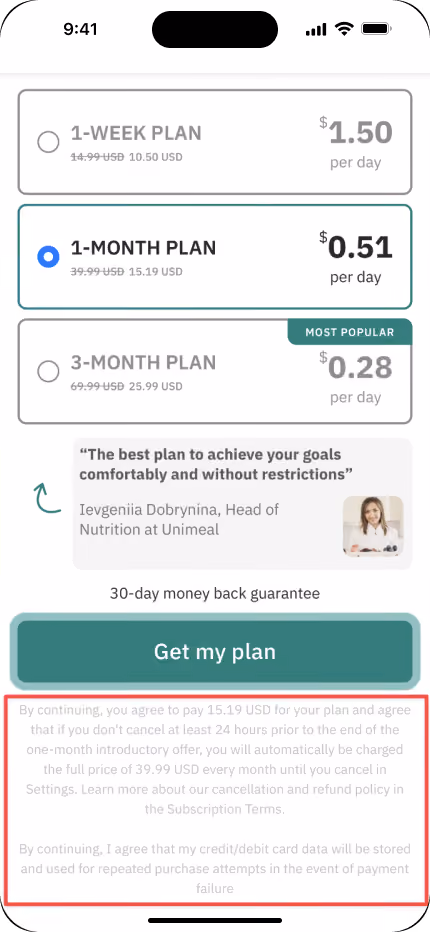 lb: Mobile paywall with 1-week, 1-month, 3-month plans, per-day pricing, testimonial quote, and highlighted disclosure terms