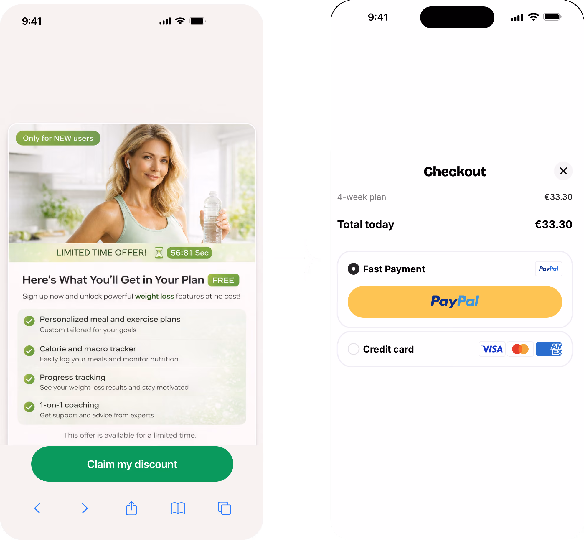 lb: Weight loss app offer screen with feature list next to a checkout page with PayPal and credit card options