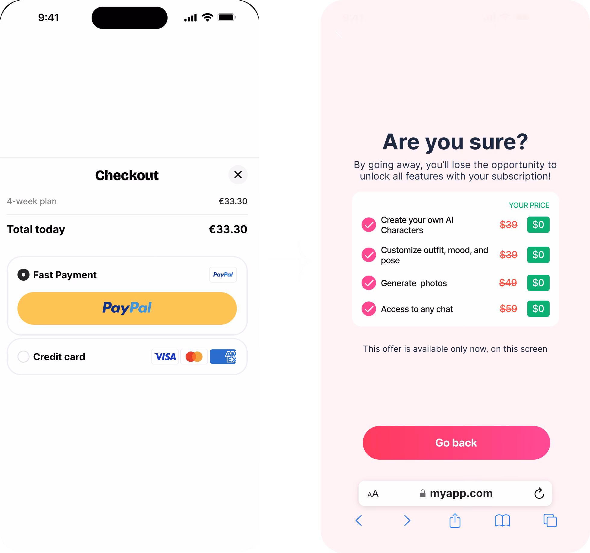 lb: Checkout page with PayPal payment next to an exit-intent popup offering a discounted subscription price