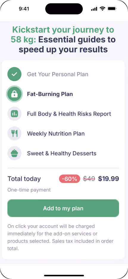 lb: Weight loss app upsell screen with locked plan features, discounted price, and one-time payment option