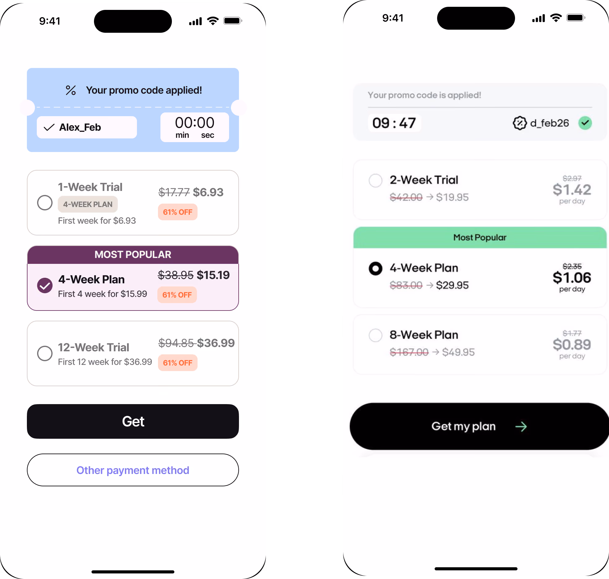 lb: Two paywall examples with promo codes applied, discounted trial pricing, and countdown timers