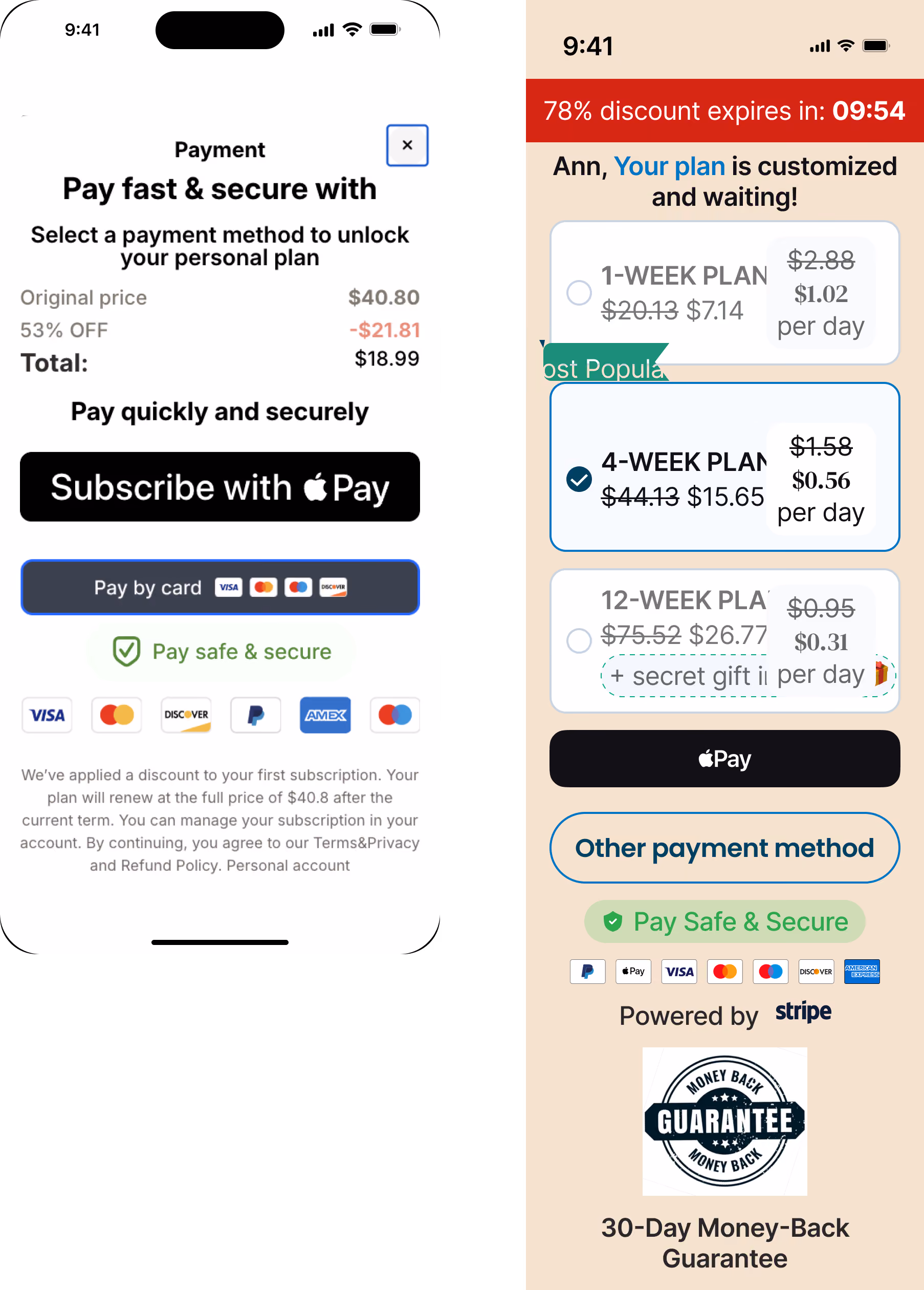 lb: Discounted payment screen next to a personalized paywall with countdown timer and money-back guarantee