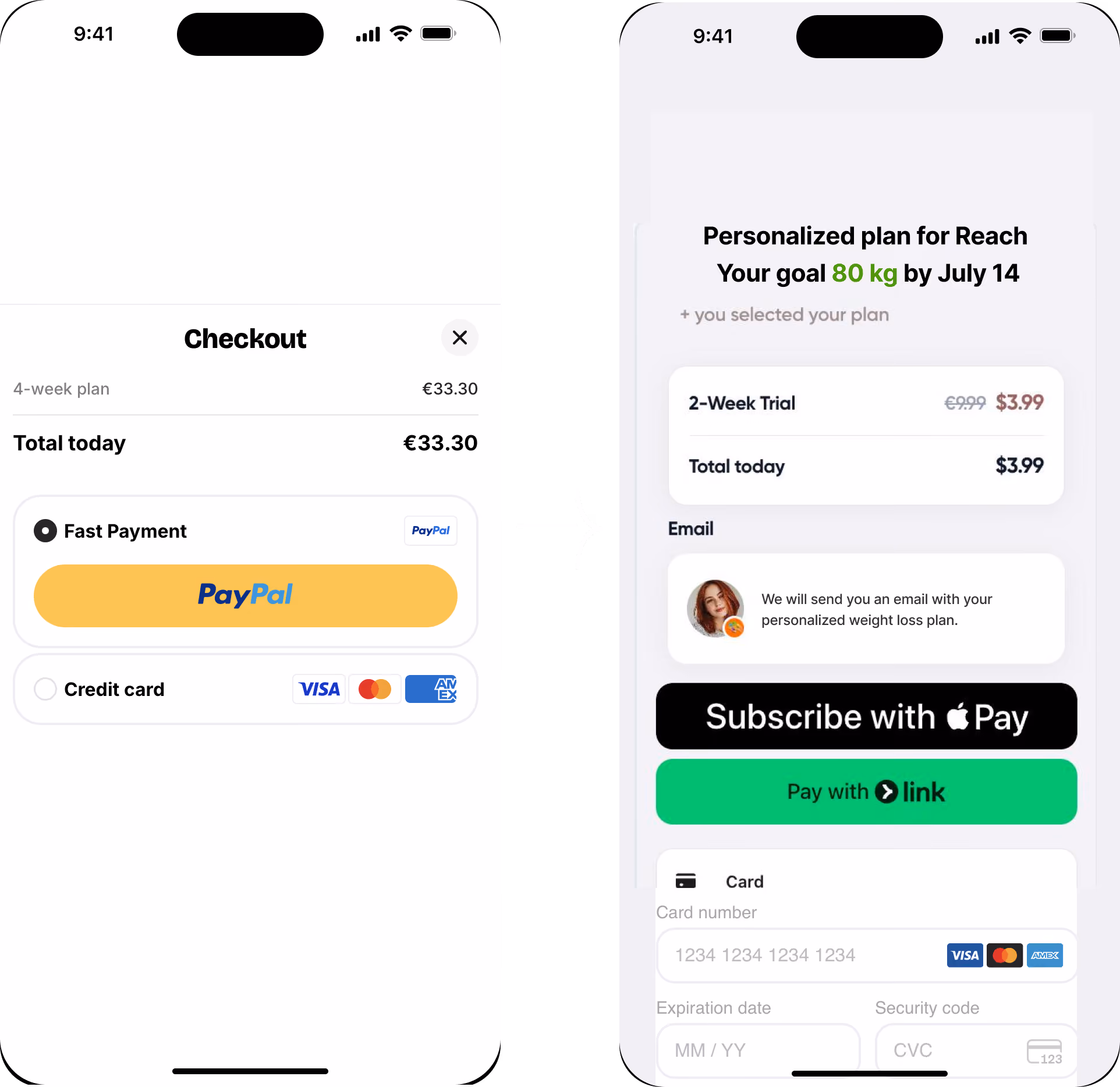 lb: PayPal checkout screen next to a personalized paywall with trial pricing and multiple payment options