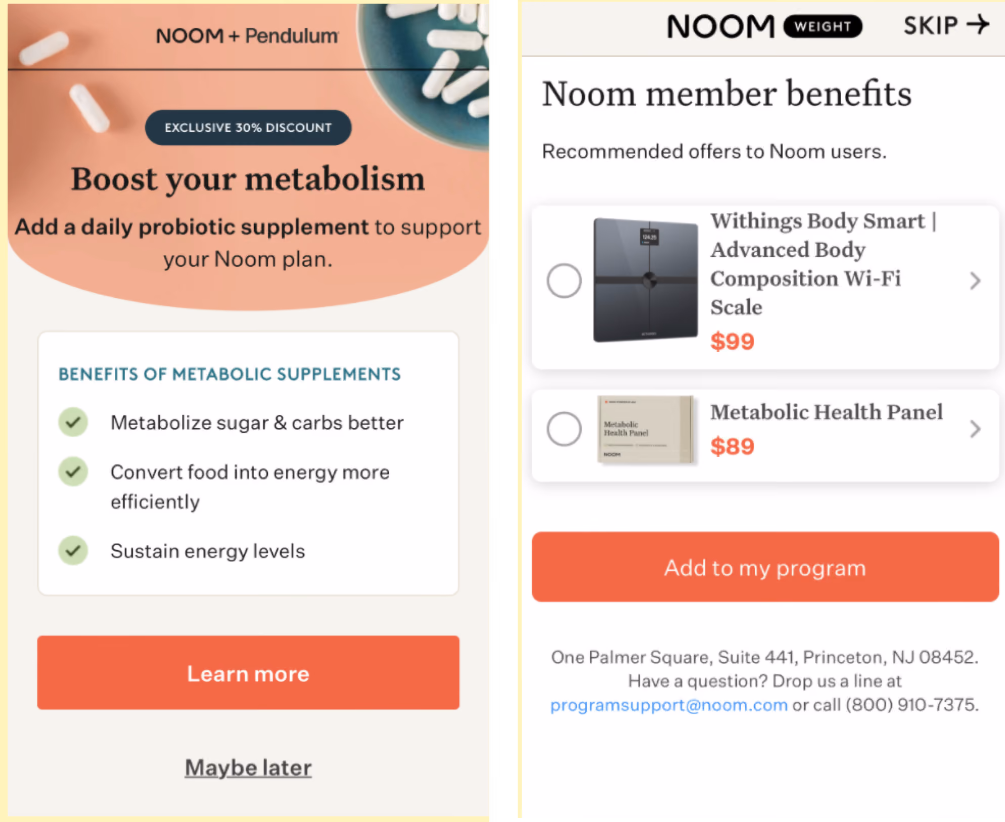 lb: Two post-purchase upsell screens offering a probiotic supplement and add-on products like a smart scale