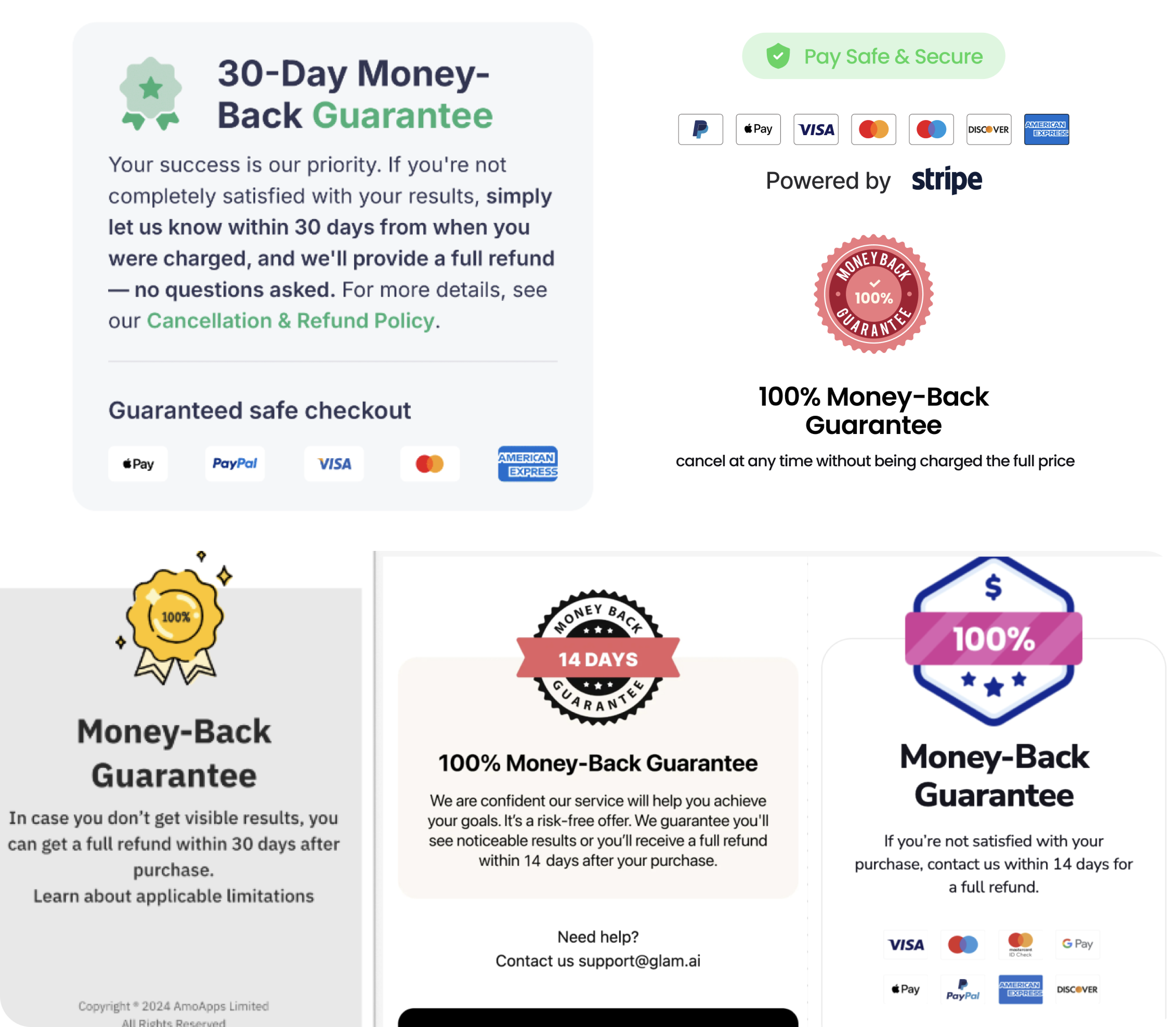 lb: Four money-back guarantee designs with payment icons and refund terms used across different paywalls