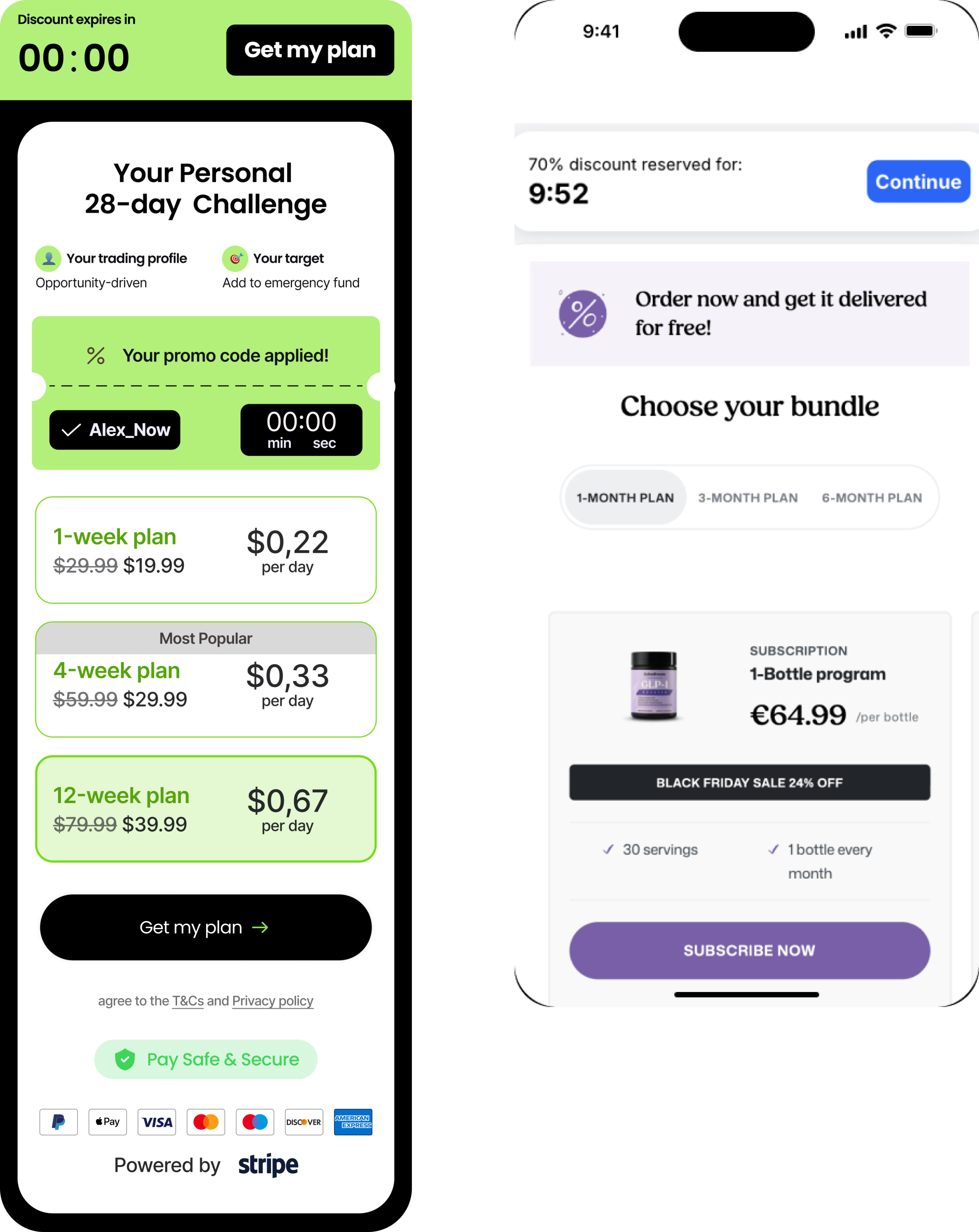 lb: Personalized trading app paywall next to a physical product paywall with countdown discounts and pricing