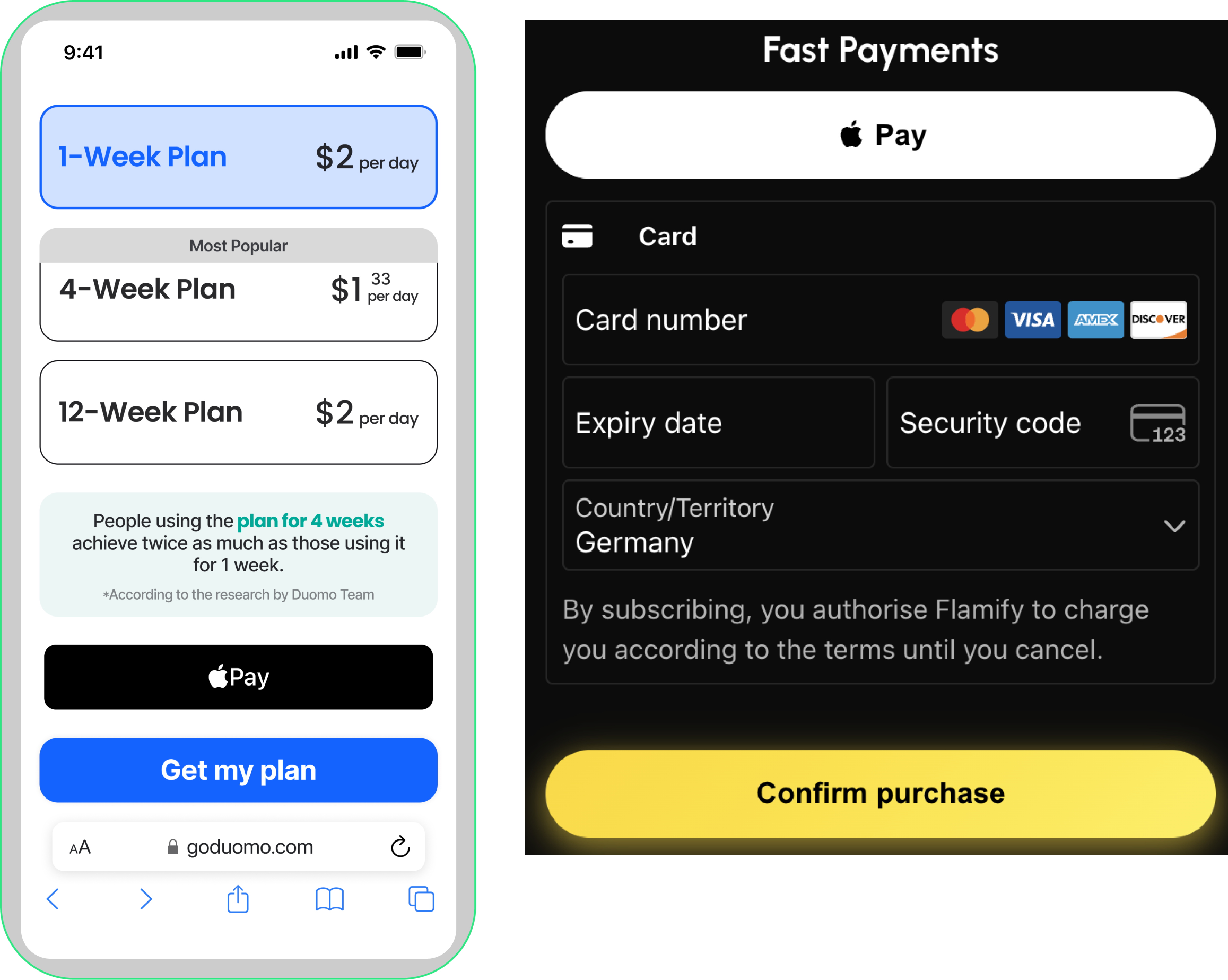 lb: Web paywall with weekly plan pricing next to a checkout screen with Apple Pay and card payment fields