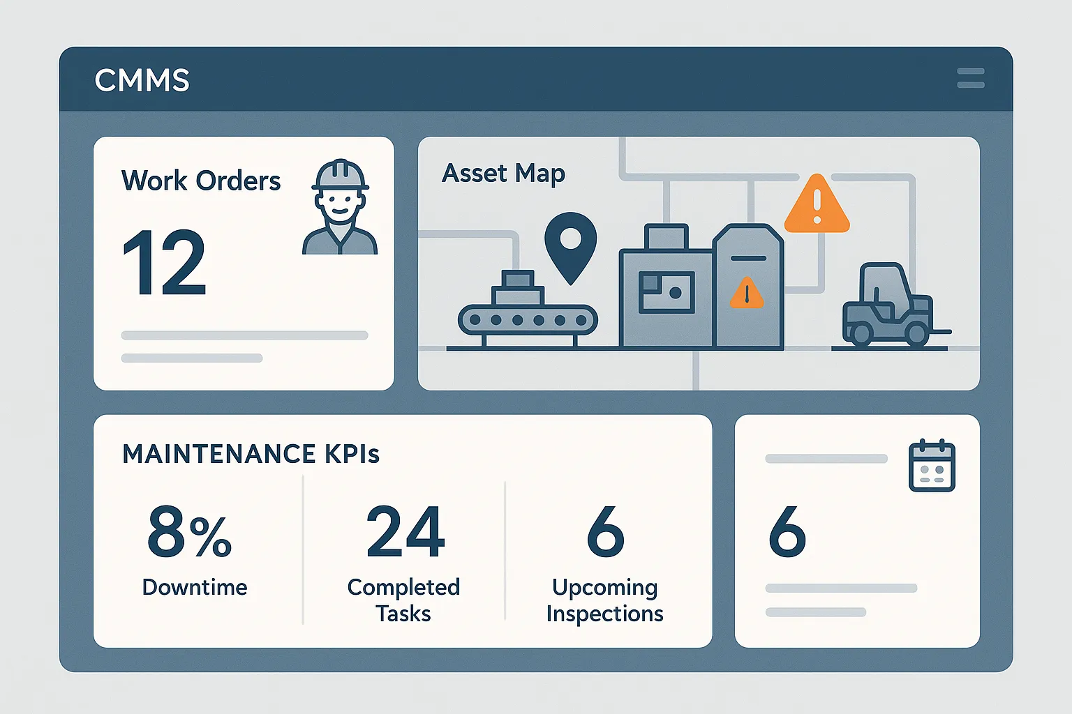 A CMMS dashboard thats shows boxes of work orders, asset maps, and maintenence KPIs such as downtime, completed tasks, and upcoming inspections