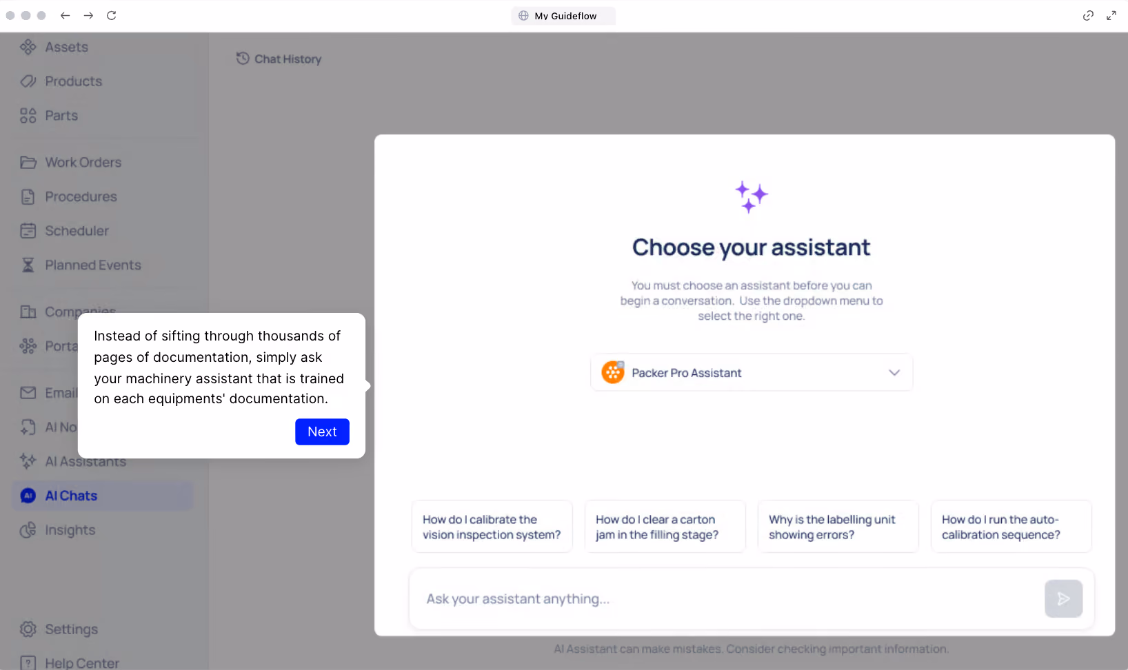 Makula AI Assistant chat interface retrieving cited equipment answers from uploaded machine documentation.