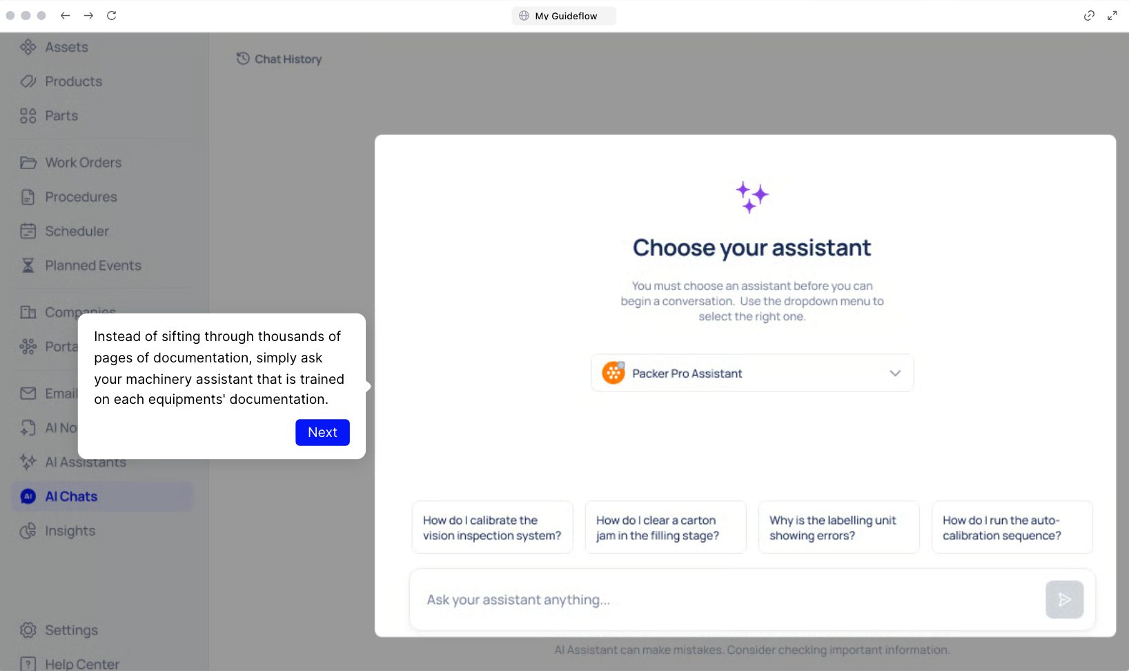 Makula AI Assistant chat interface retrieving cited equipment answers from uploaded machine documentation. 