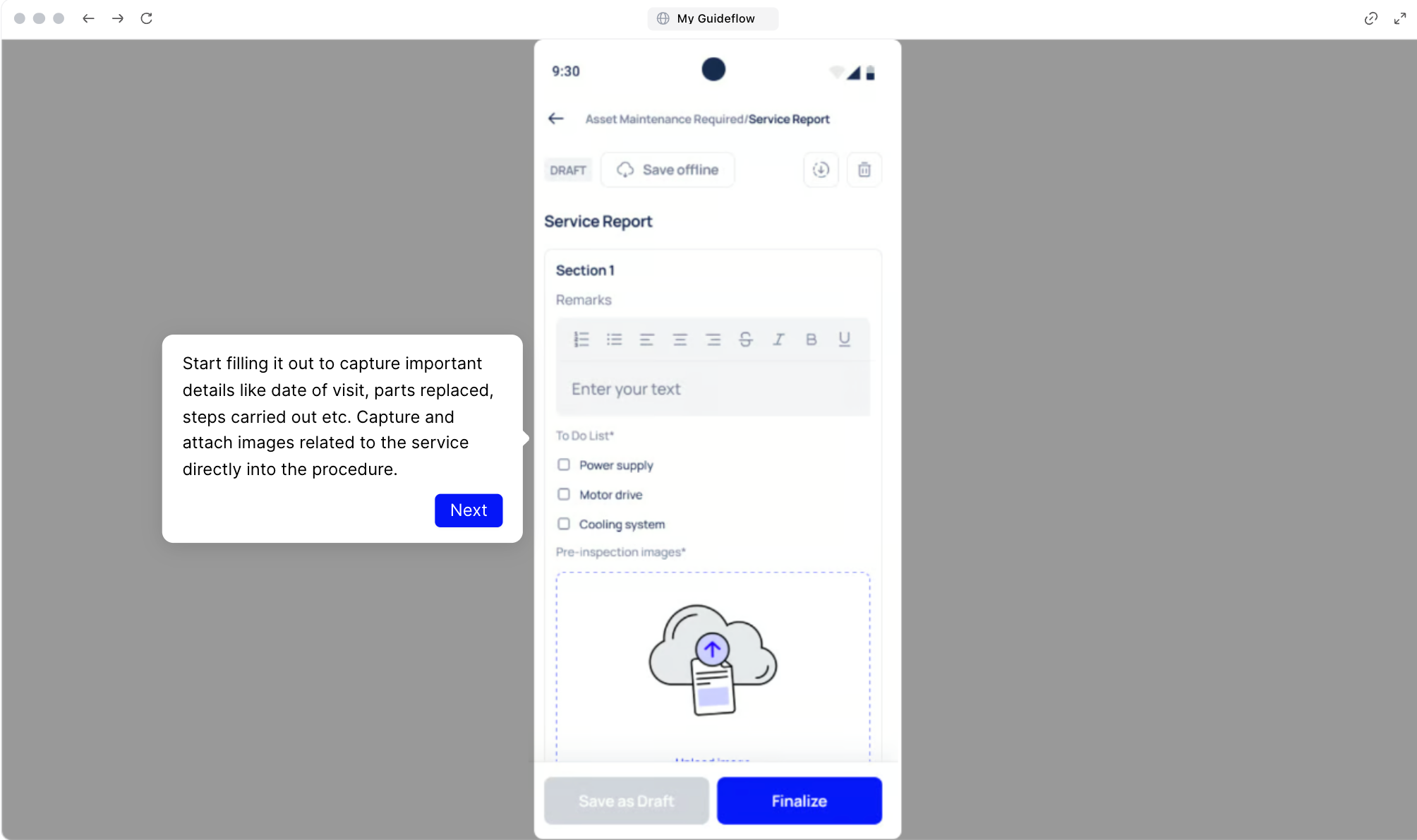Makula digital inspection checklist on mobile device with photo capture and digital sign-off fields. 