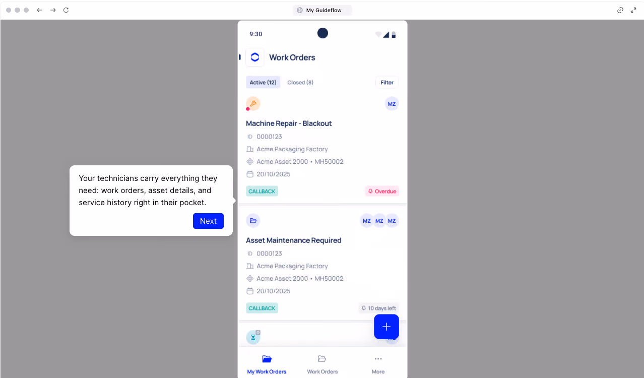 Makula mobile app showing work order management with offline access.