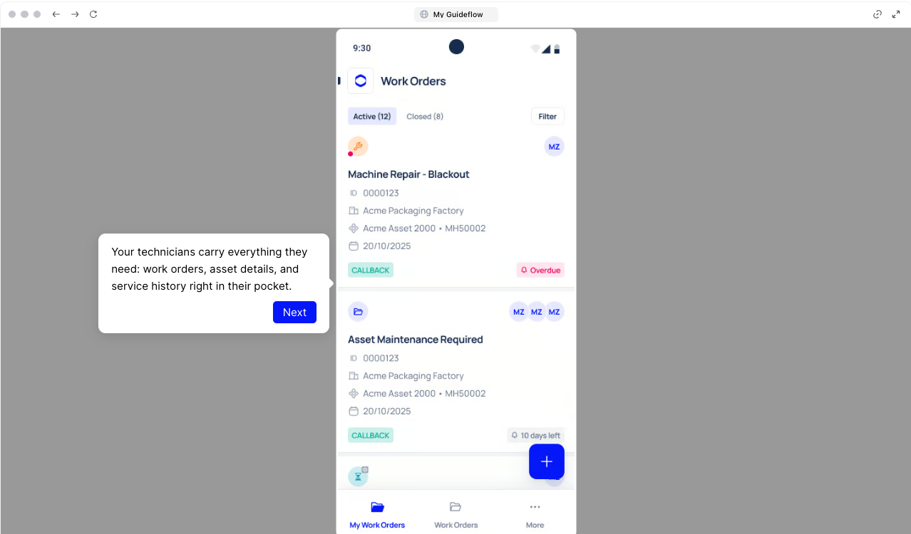 Makula mobile app showing work order management with offline access. 