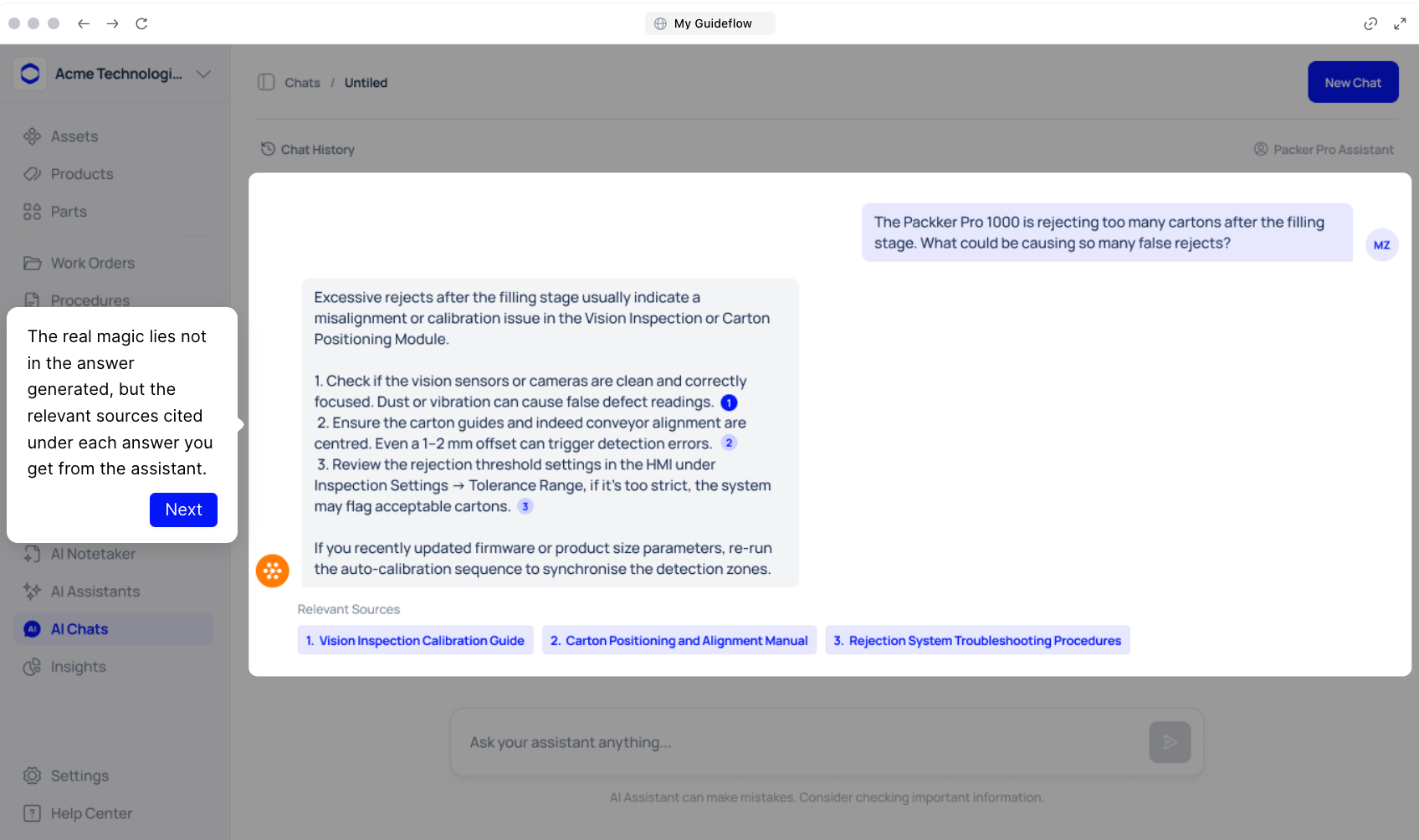 Makula AI Copilot interface with suggested equipment questions. 