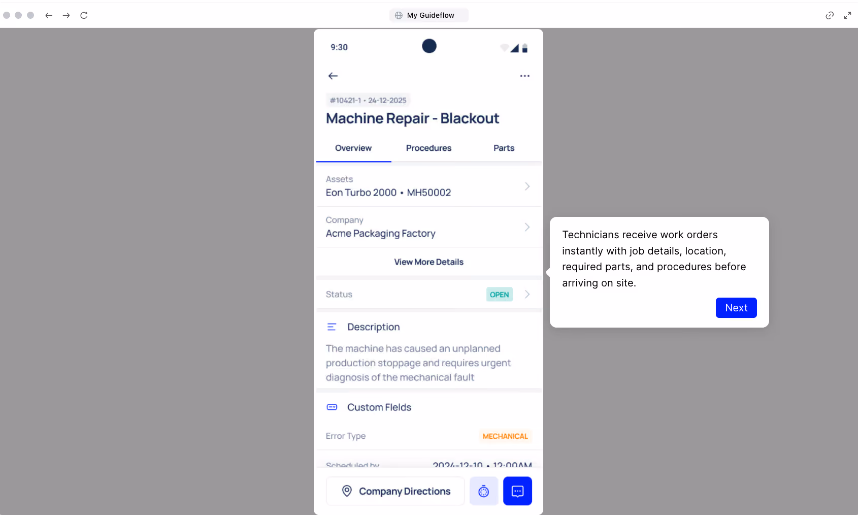 Makula mobile app work order list with status and technician assignments. 
