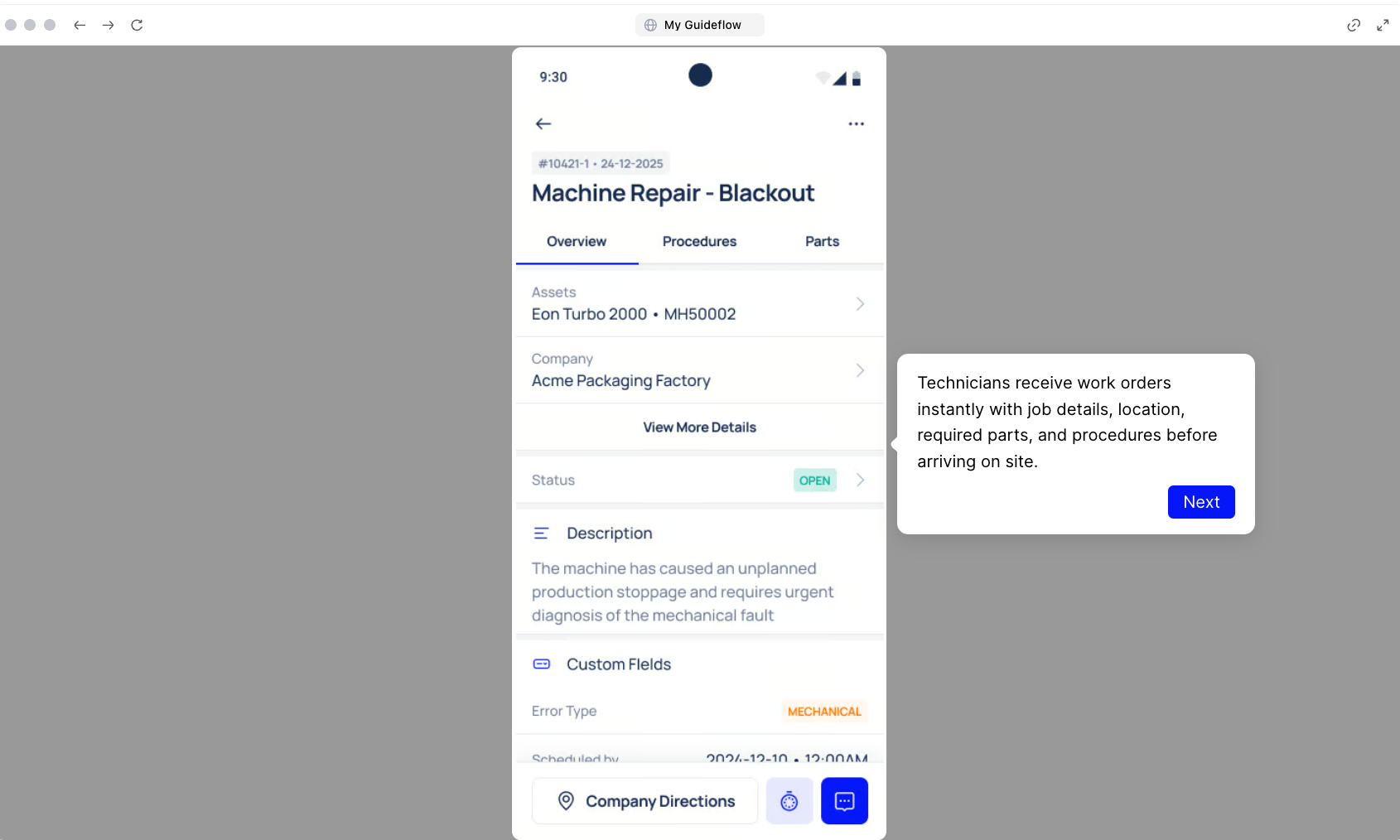 Makula mobile app work order list with status and technician assignments. 