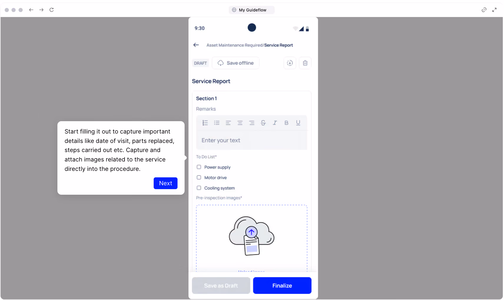 Makula mobile checklist with inspection tasks and image upload. 