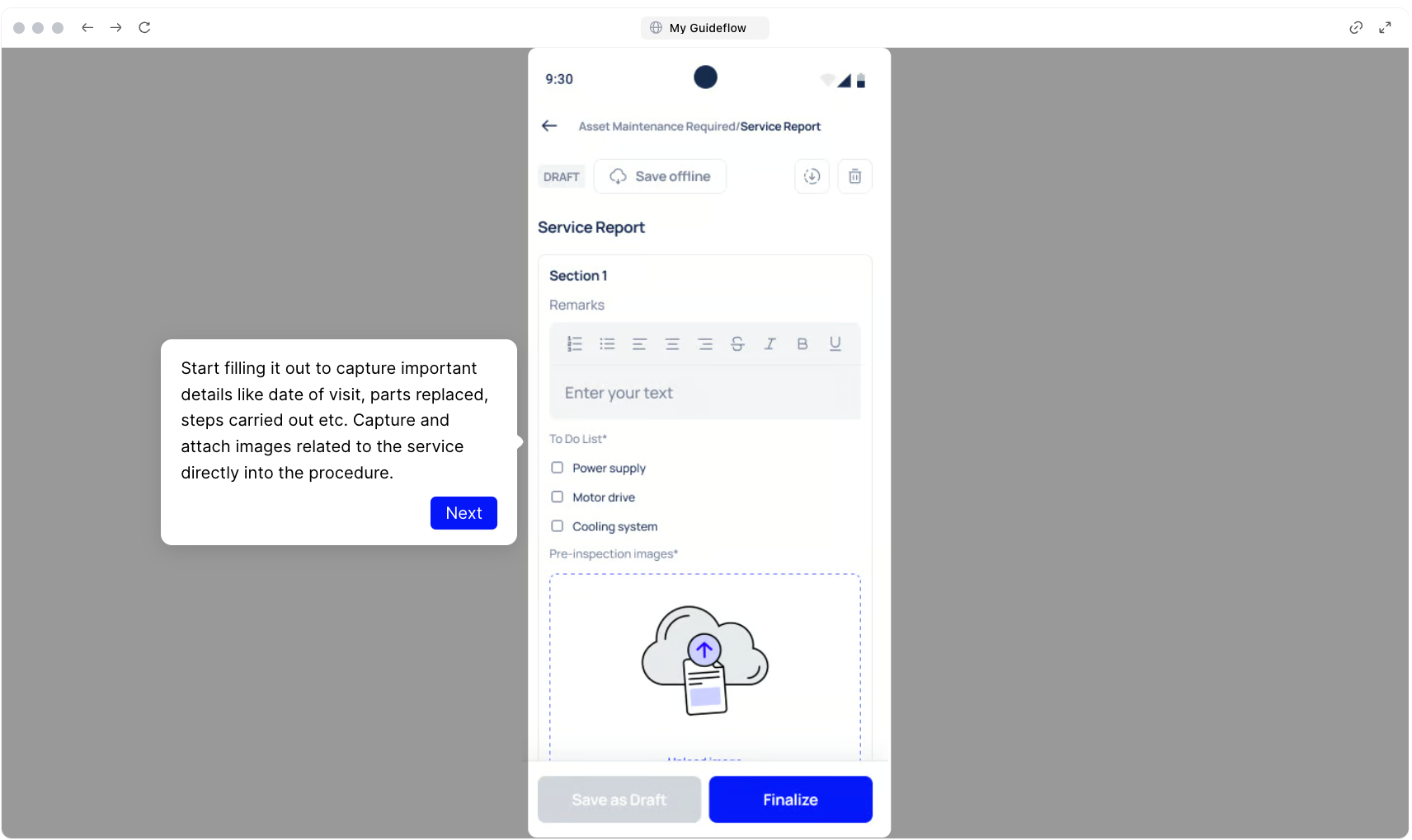 Makula mobile checklist with inspection tasks and image upload. 