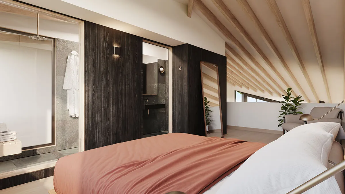 Bedroom loft with a large bed