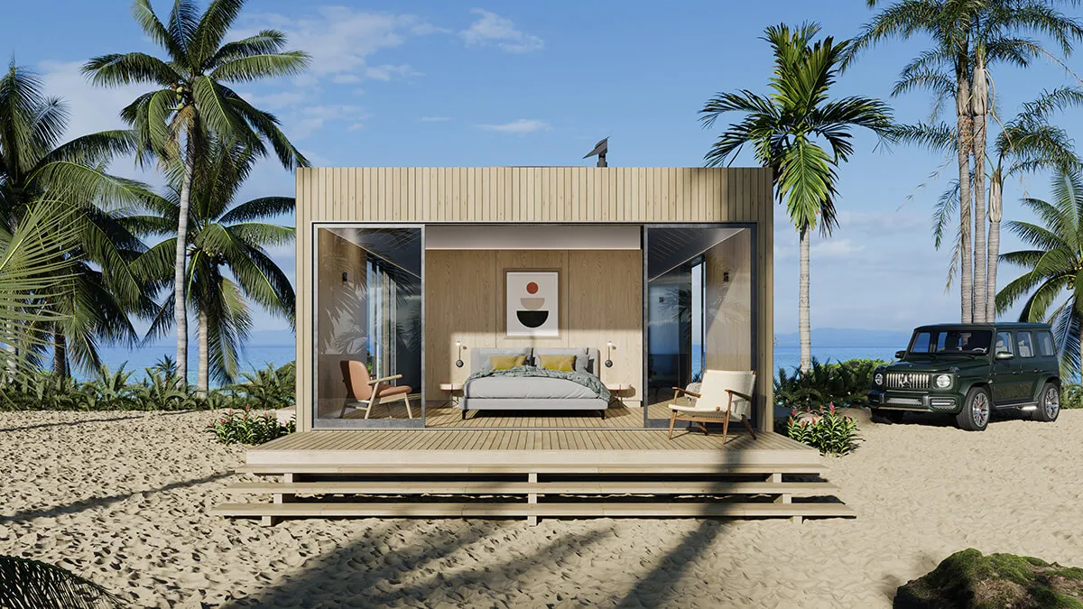 Modern cabin at beach location with a car parked in front of it