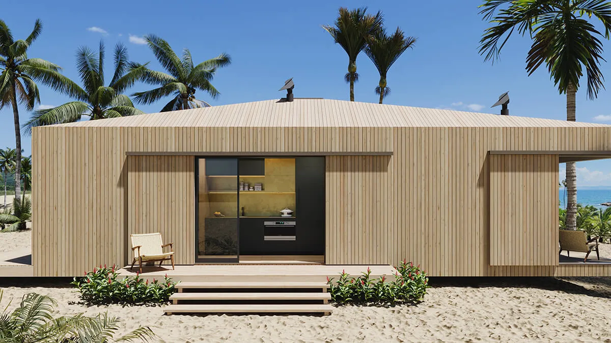 Modern cabin at beach location  with a glass front