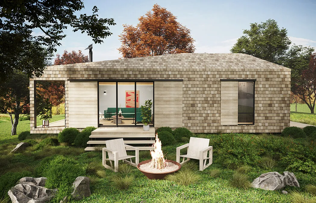 Modern cabin with a fire pit in the front
