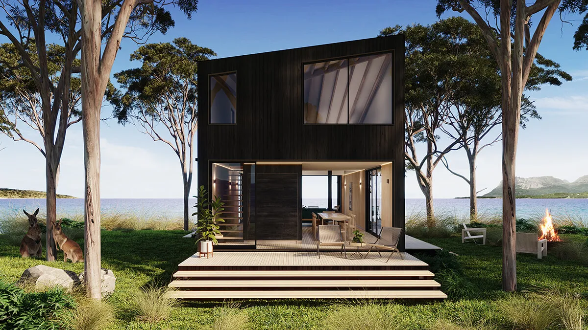 Modern cabin with a lake in the background