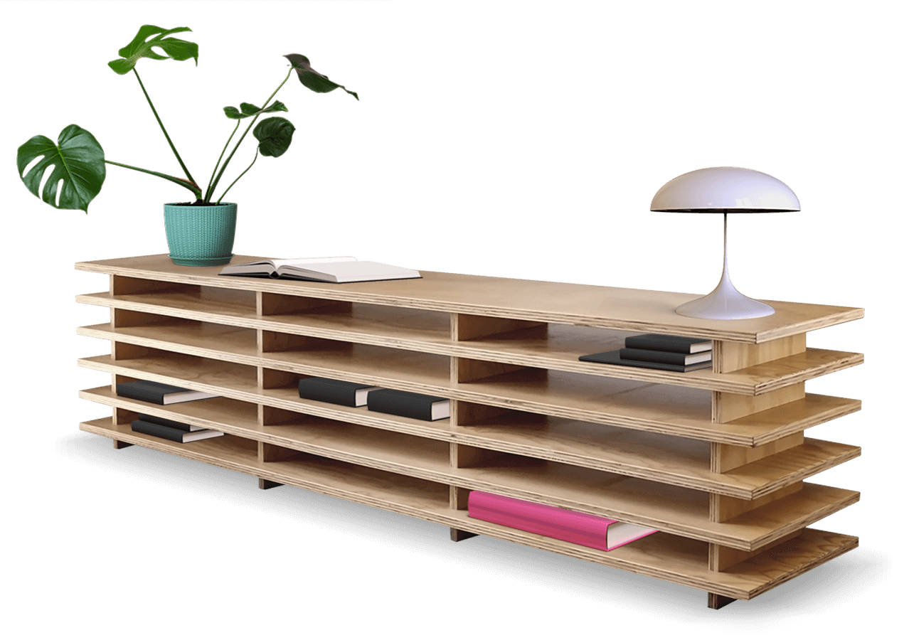 a wooden shelf with books and a lamp on iI