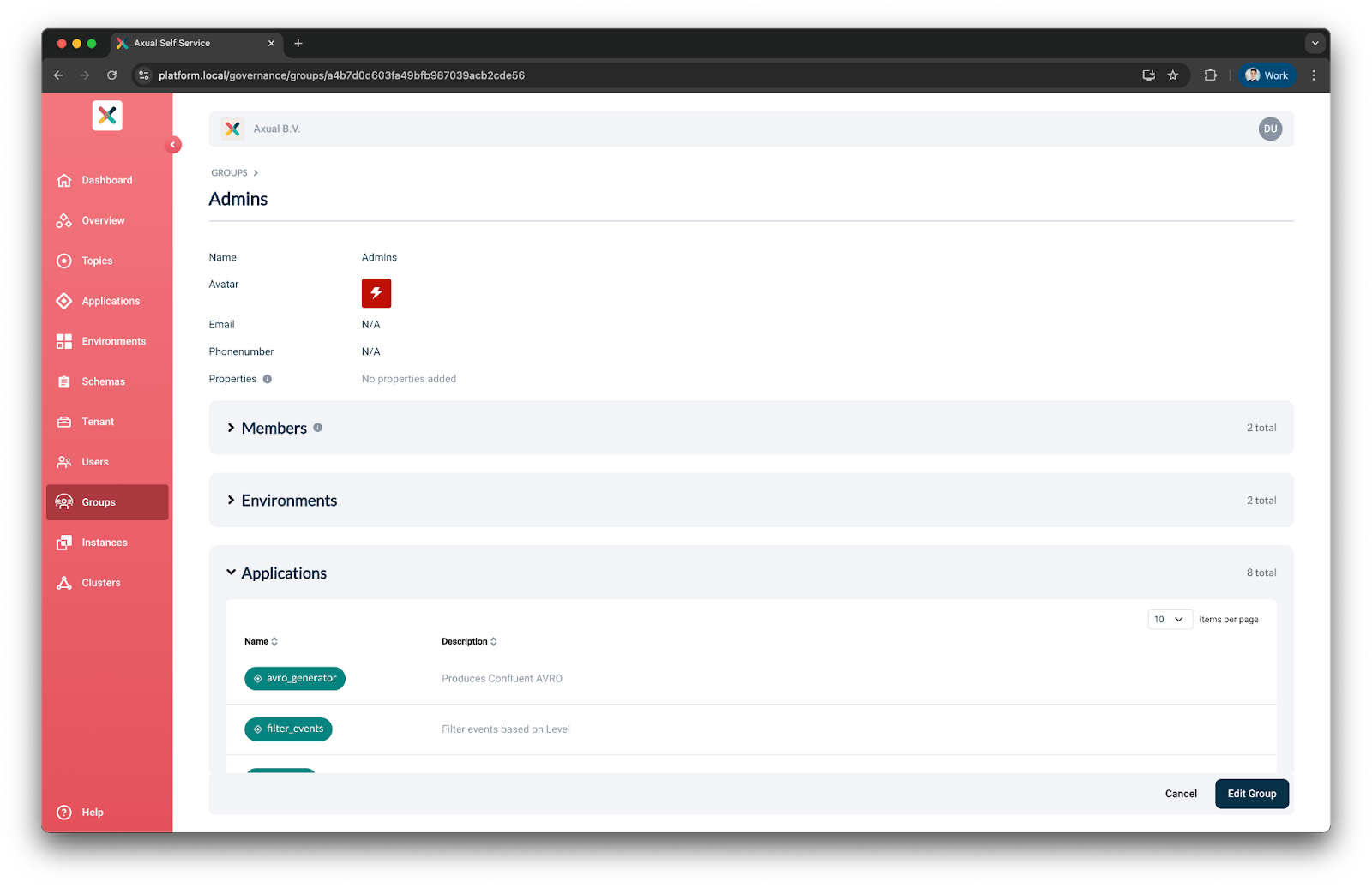 Axual admin panel